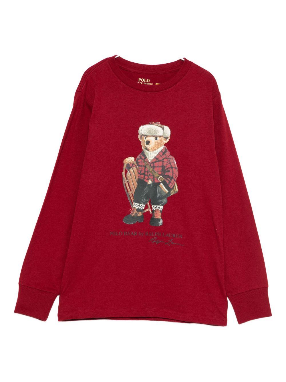 POLO RALPH LAUREN T-shirt in cotone rosso a maniche lunghe con orso