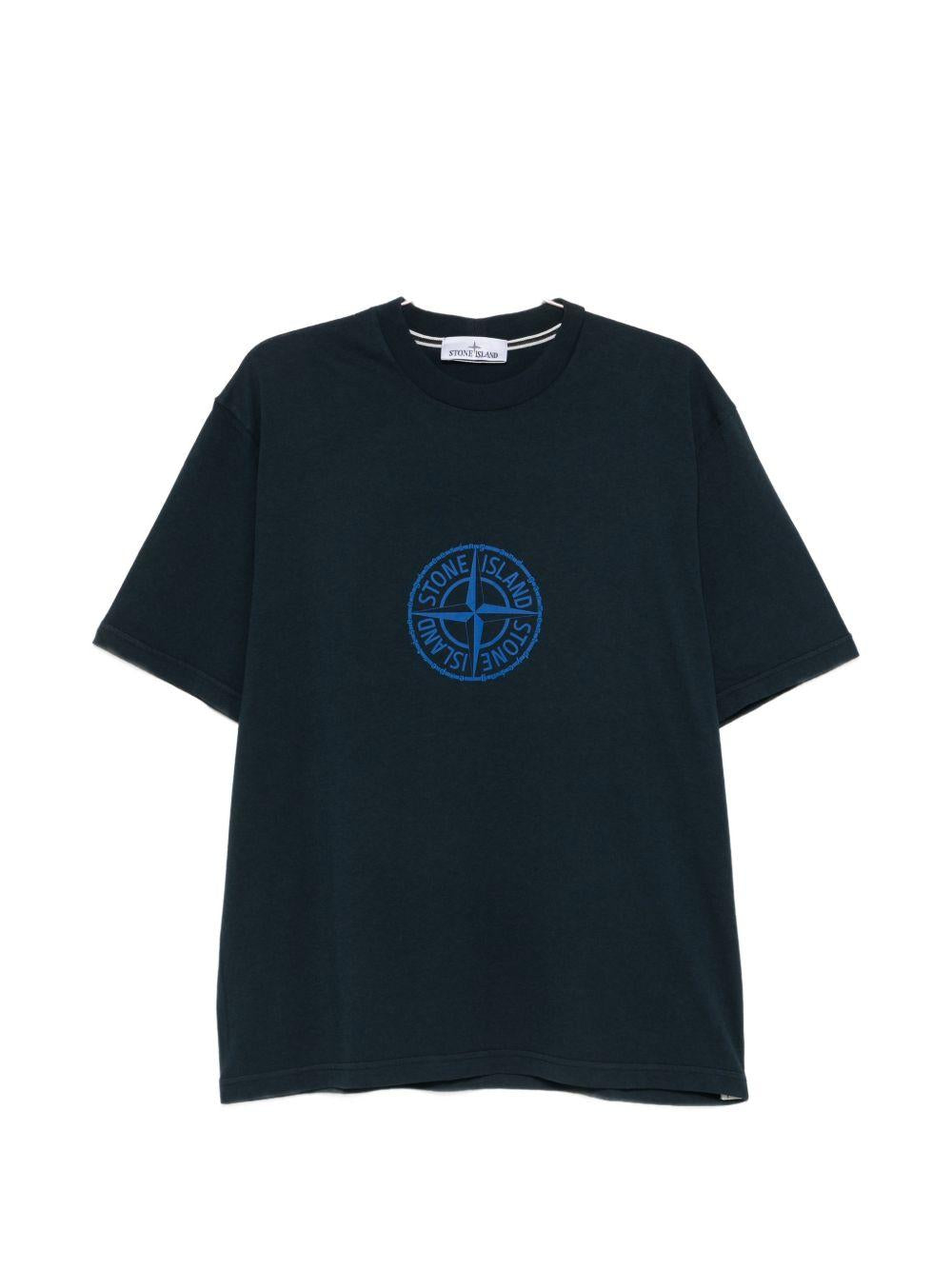 STONE ISLAND T-shirt in cotone blu con bussola celeste