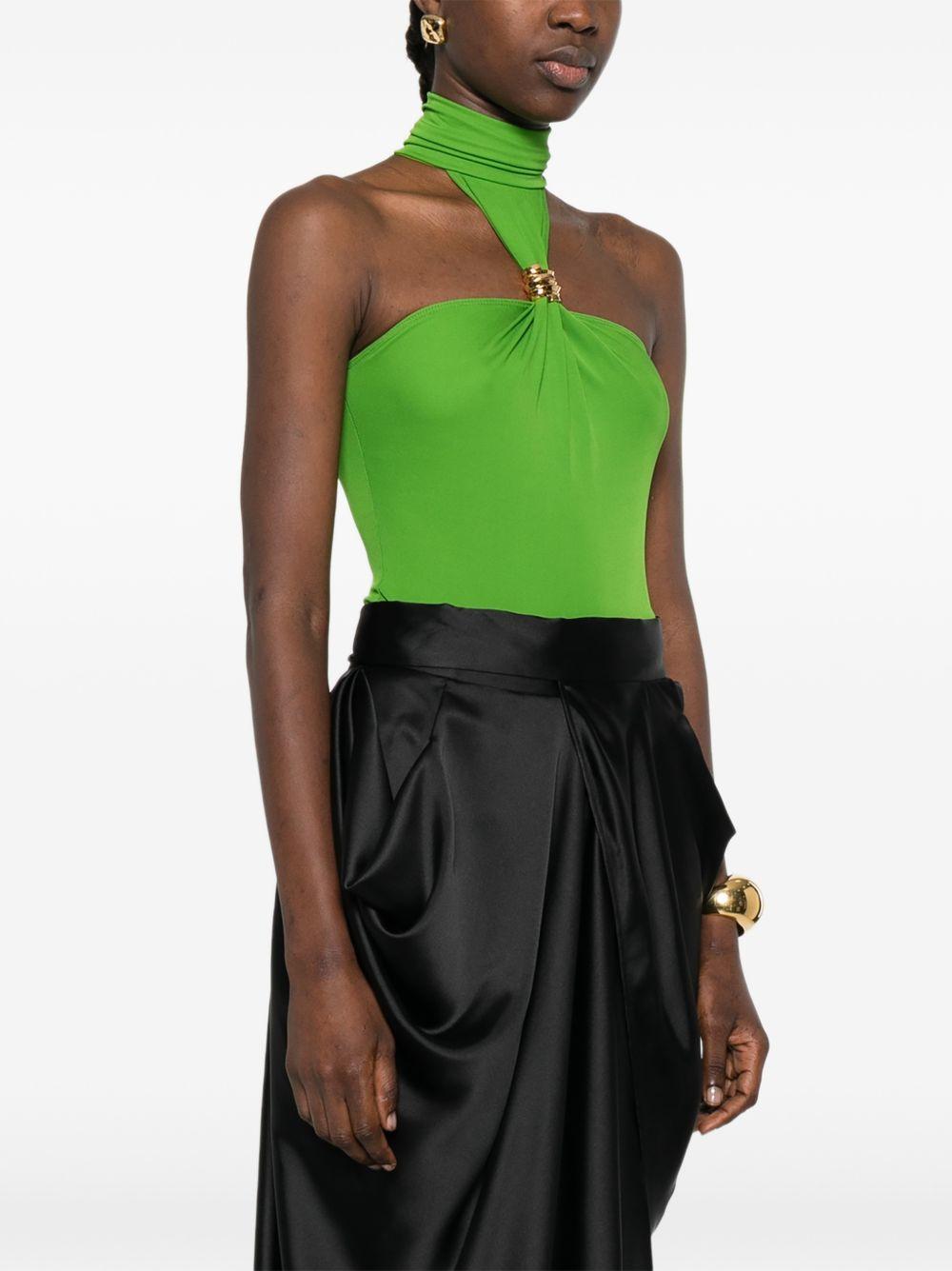 ELISABETTA FRANCHI Body halter verde con collo alto e dettaglio gold-tone