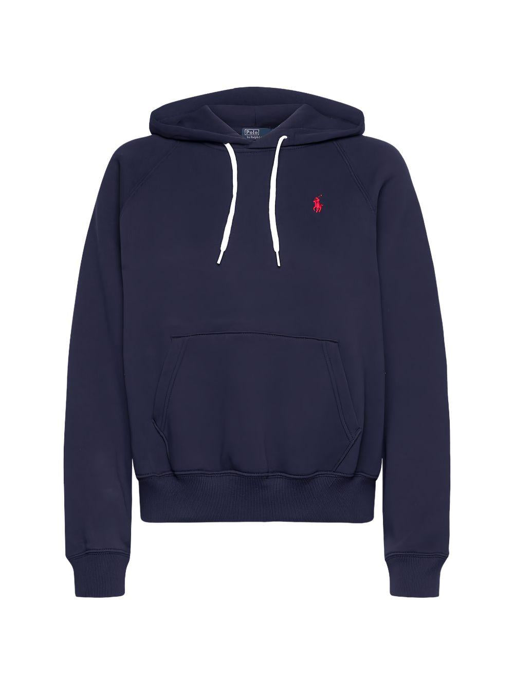 POLO RALPH LAUREN Felpa con cappuccio blu con logo rosso e tasca marsupio
