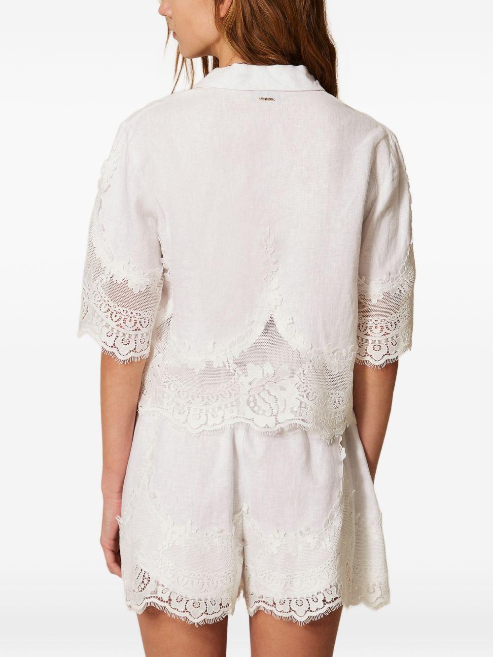 TWINSET Camicia crop in lino bianco con dettagli in pizzo