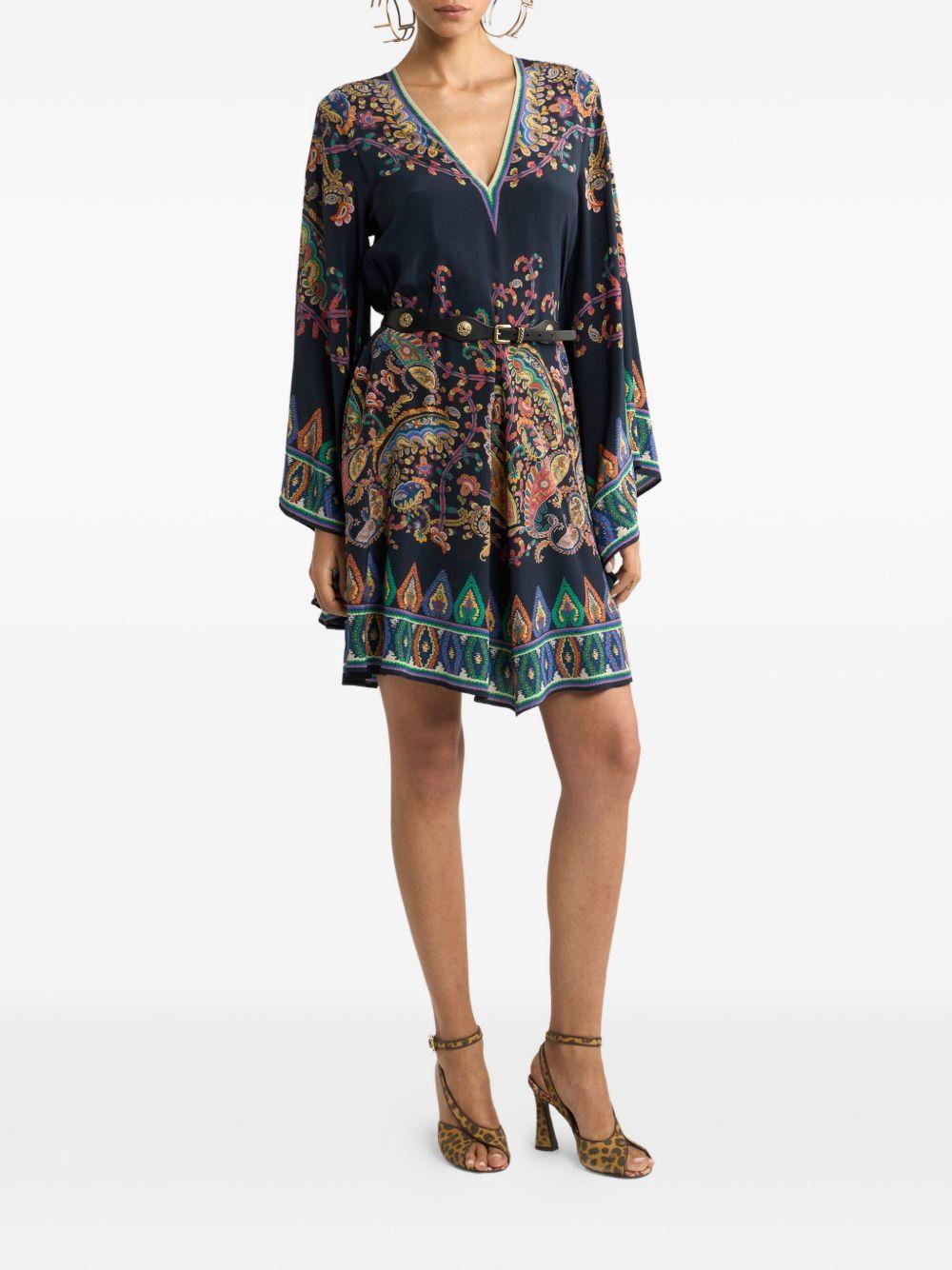 ETRO Abito mini blu in seta con cintura e stampa