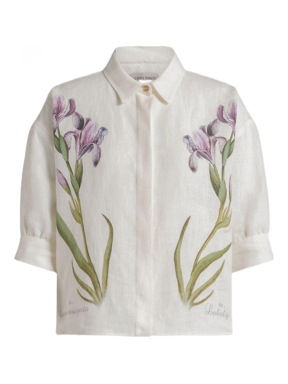 ALBERTA FERRETTI Camicia a maniche corte in lino bianco con stampa floreale