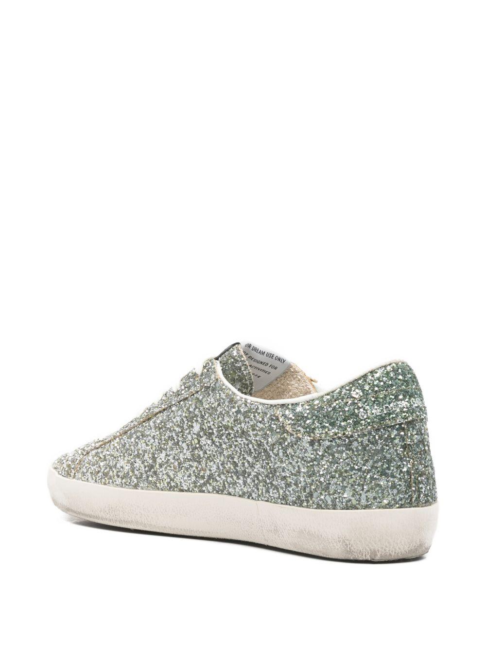 GOLDEN GOOSE Sneakers Super-Star in glitter argento con stella in suede grigio ghiaccio