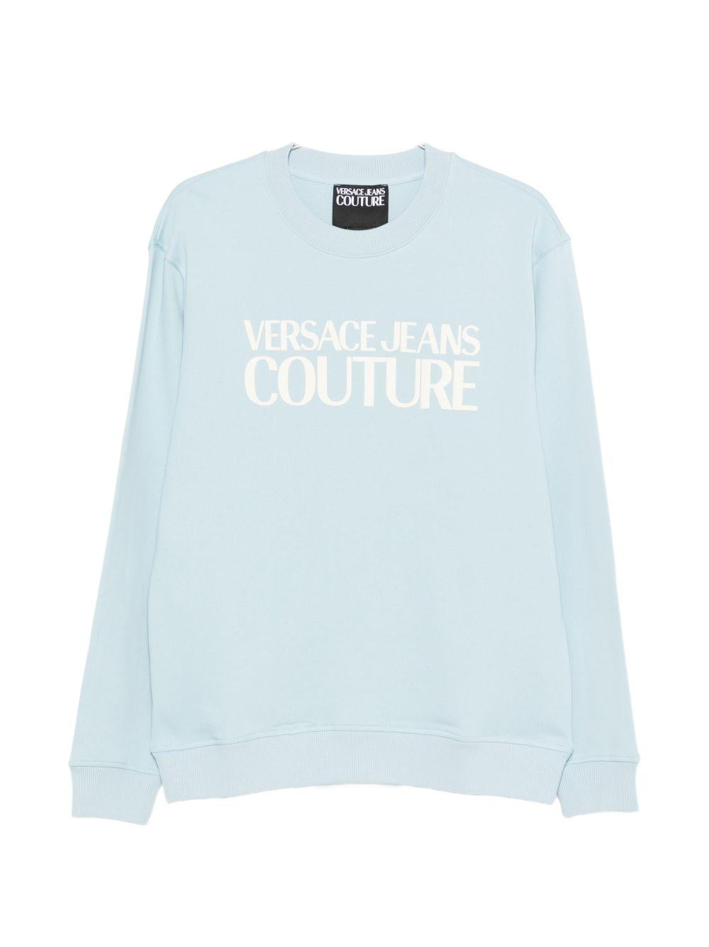 VERSACE JEANS COUTURE Felpa in cotone celeste girocollo con logo bianco