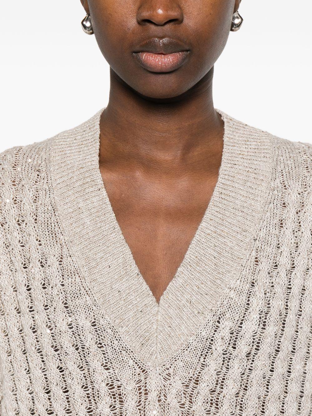 BRUNELLO CUCINELLI Maglia beige in cotone con paillettes scollo a V