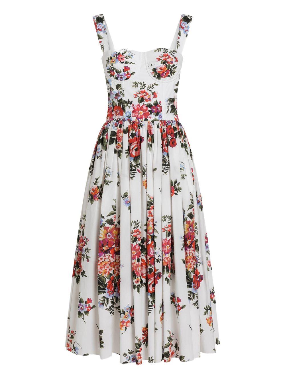 DOLCE e GABBANA Abito midi in cotone bianco con stampa floreale