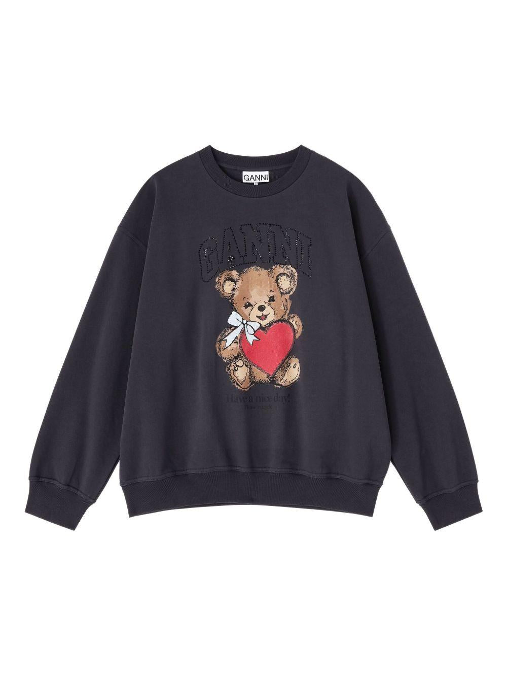 GANNI Felpa nera in cotone con stampa teddy
