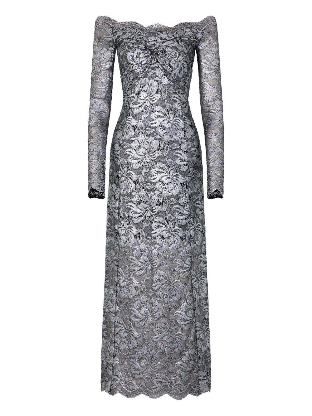RABANNE Abito lungo in pizzo color argento<BR/><BR/>