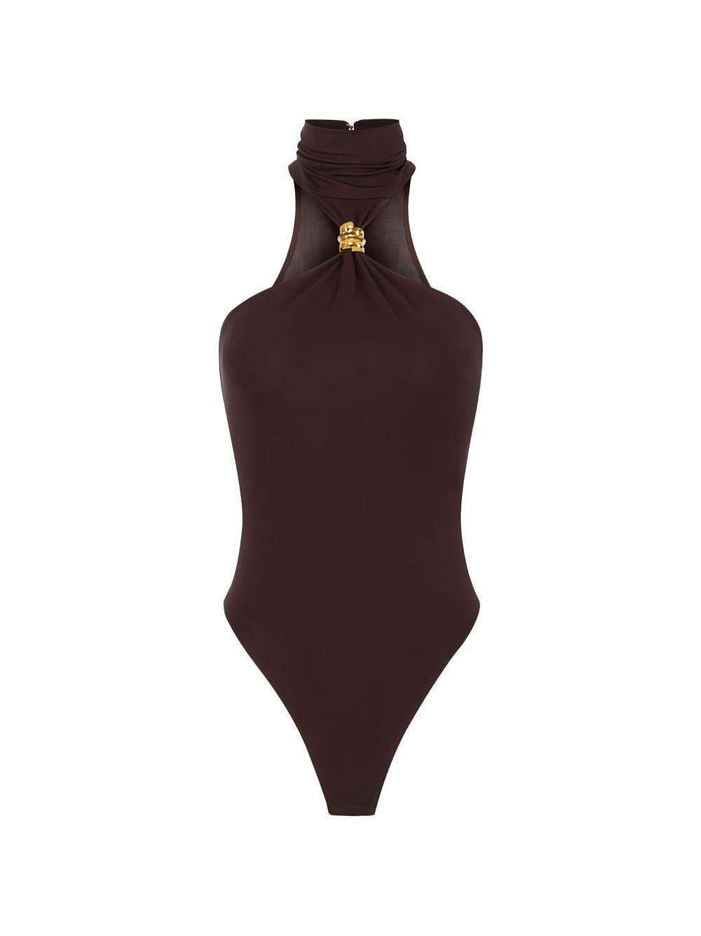 ELISABETTA FRANCHI Body a collo alto con dettagli drappeggiati e gioiello