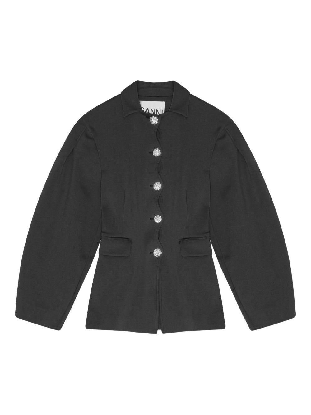GANNI Blazer nero strutturato con bottoni gioiello