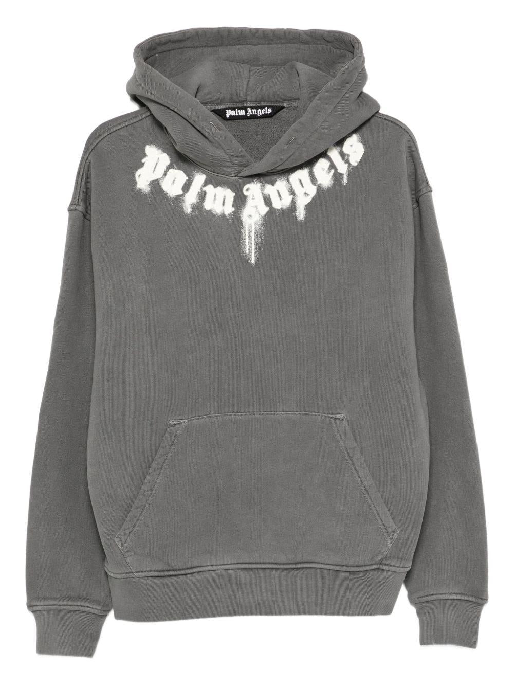 PALM ANGELS Felpa in cotone grigio con cappuccio e logo bianco