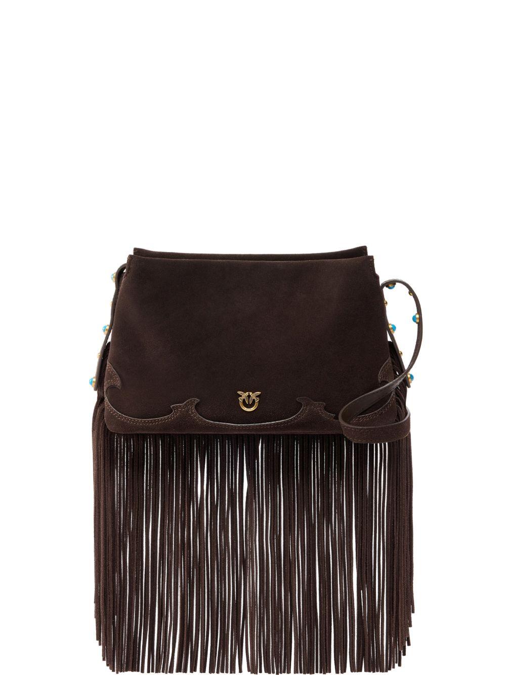 PINKO Borsa Triplet in suede cioccolato con frange