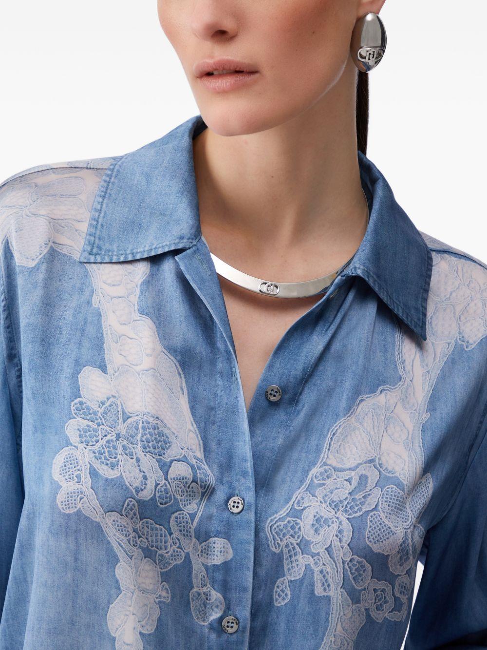 LIUJO Camicia blu con stampa grafica floreale bianca
