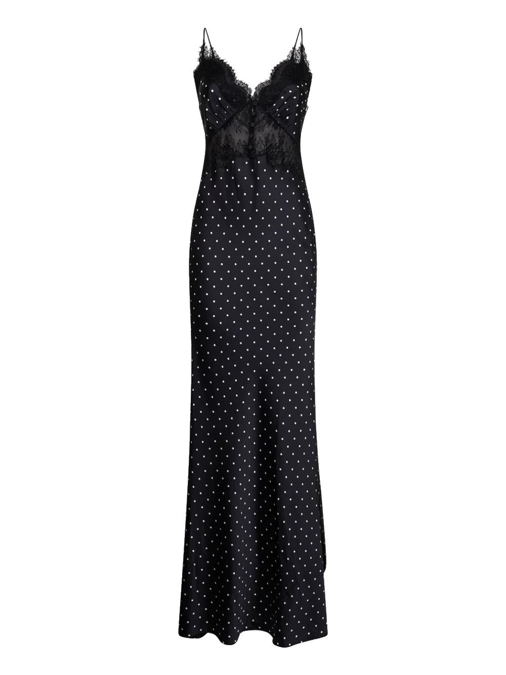 SELF PORTRAIT Abito lungo a pois in raso e pizzo nero