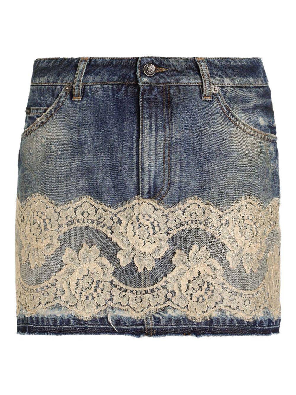 DOLCE e GABBANA Mini gonna in denim con pizzo bianco