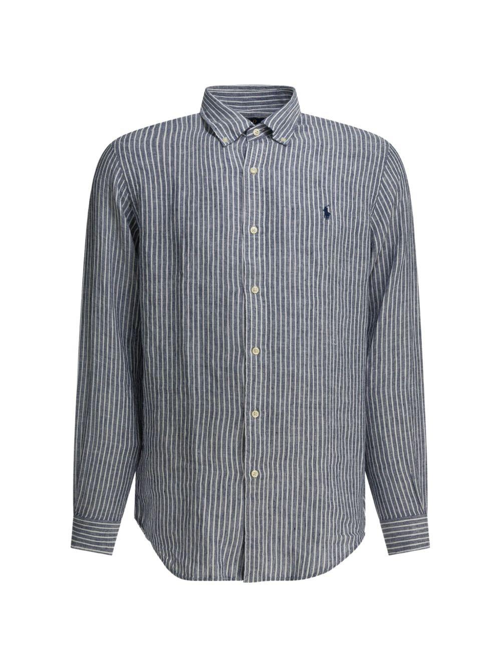 POLO RALPH LAUREN Camicia a righe in lino blu con logo ricamato