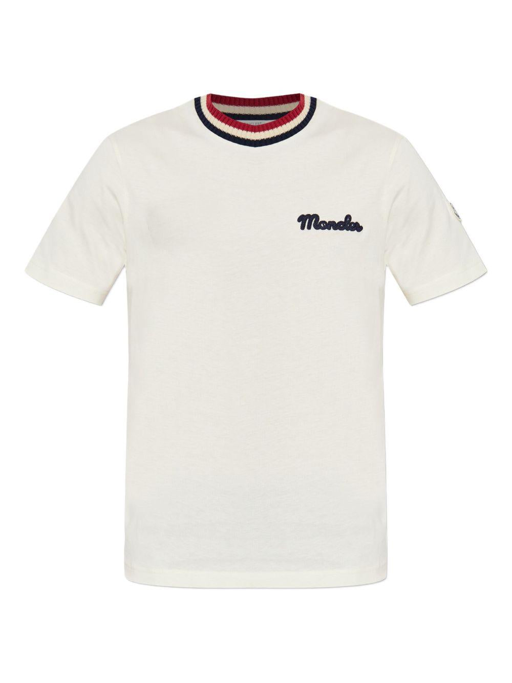 MONCLER T-shirt in cotone bianco con colletto rigato e logo