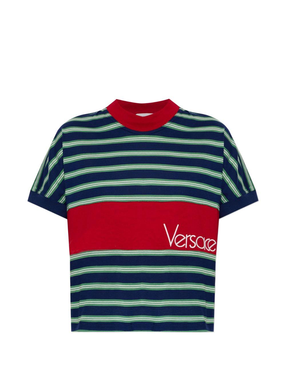 VERSACE T-shirt a righe in cotone con dettaglio rosso e logo ricamato