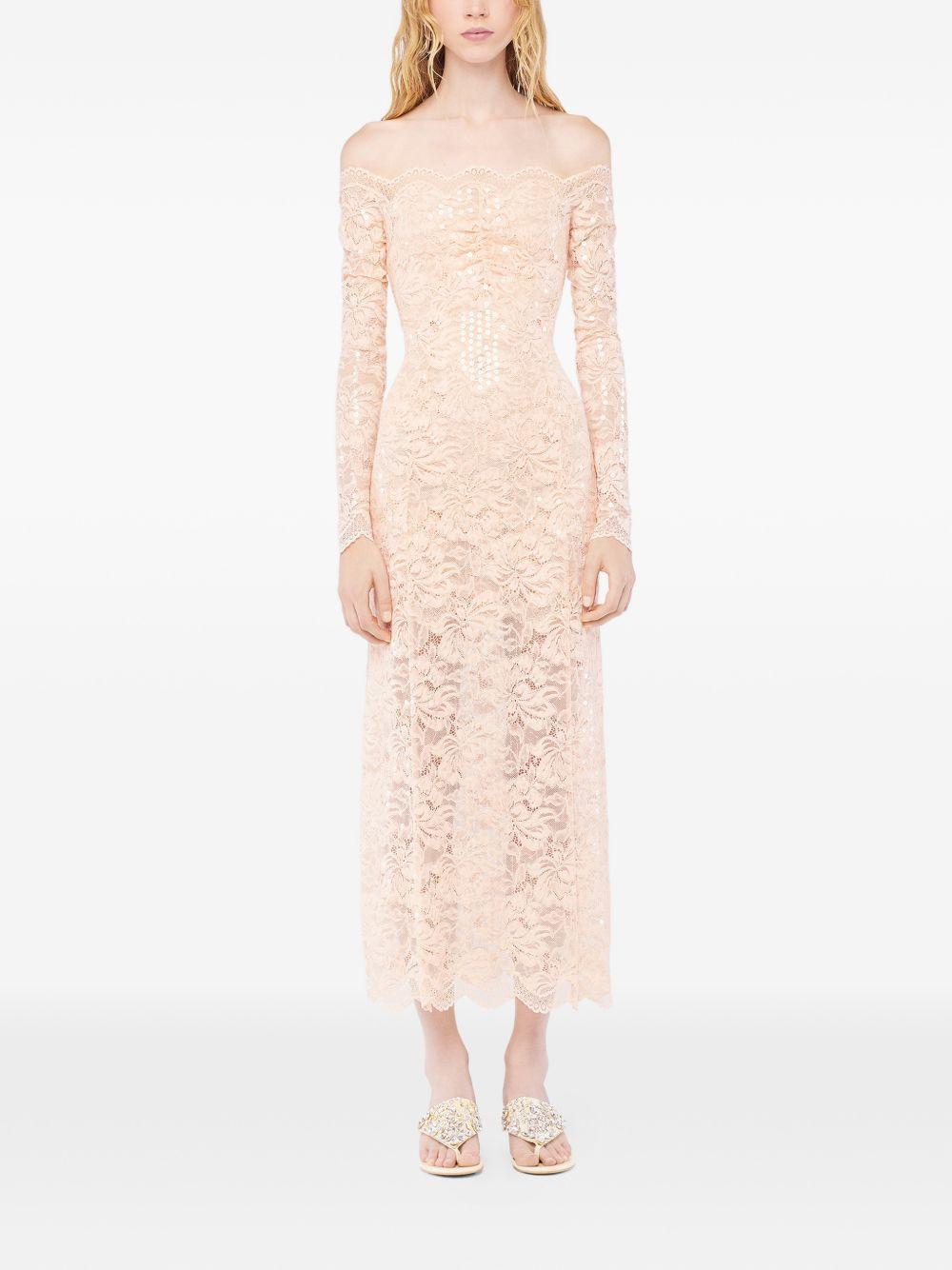 RABANNE Abito midi in pizzo rosa con strass