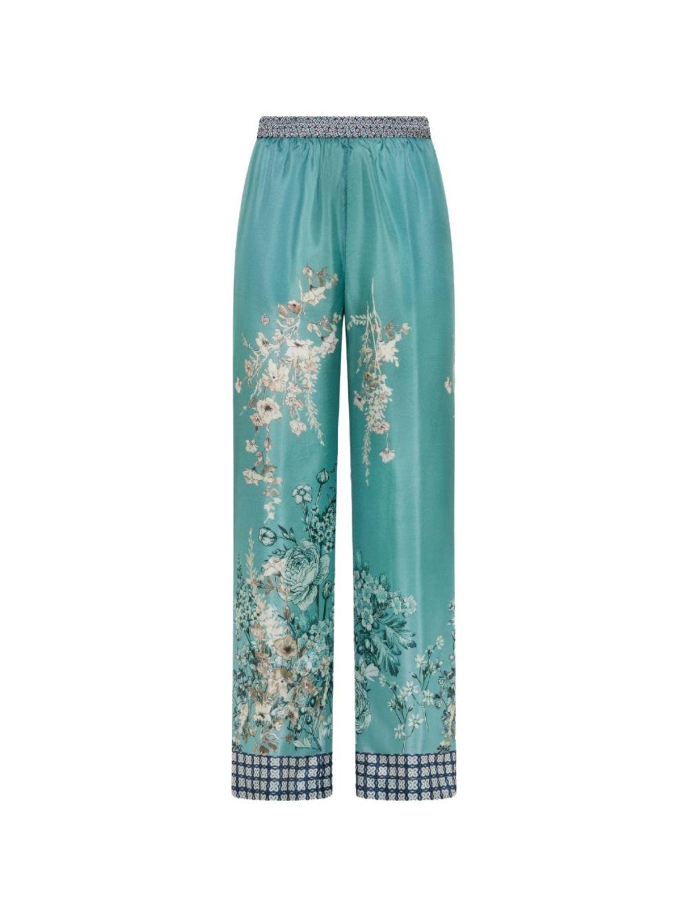 SEVENTY Pantaloni in seta verde con stampa floreale