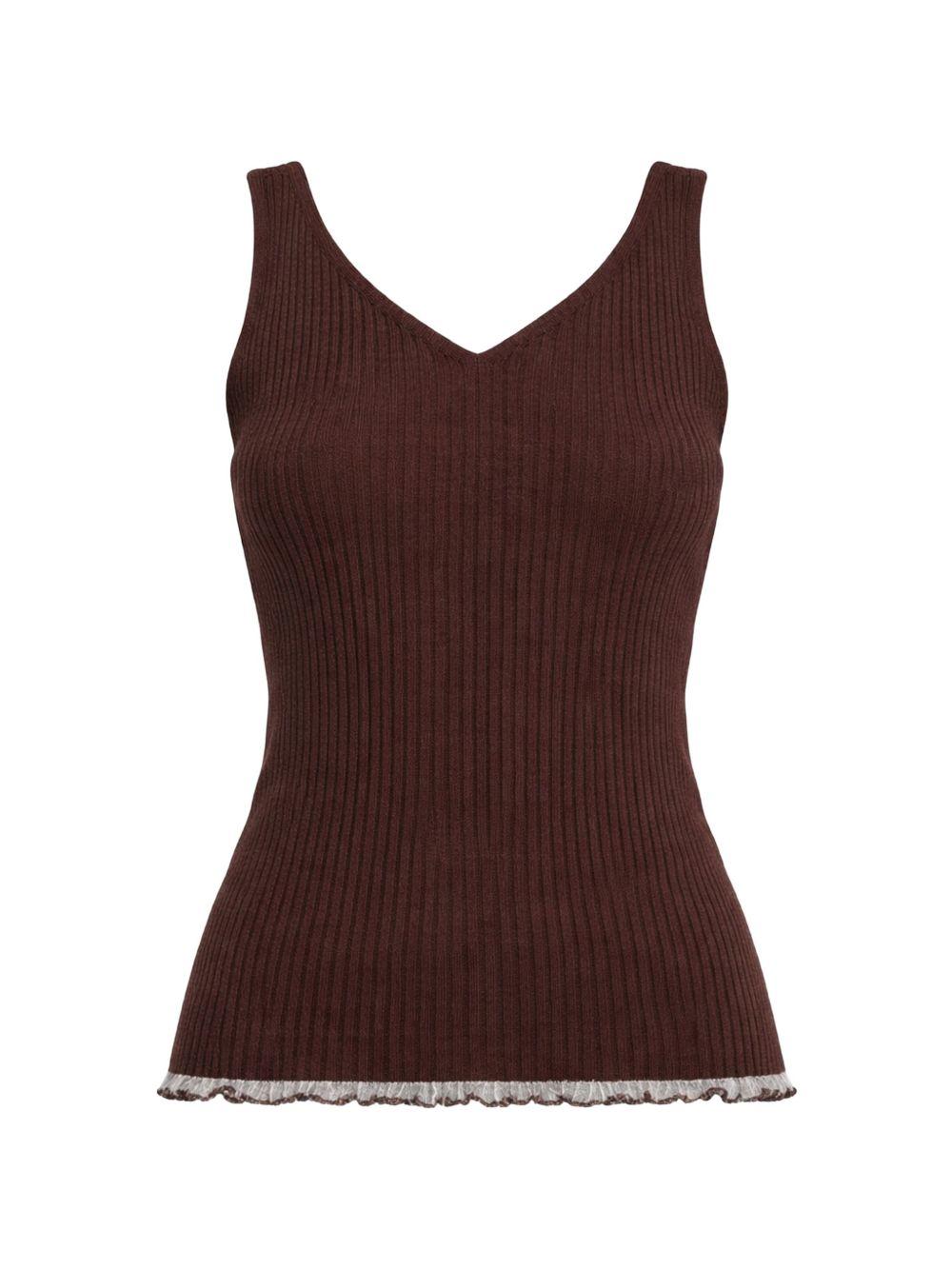 TWINSET Top a costine in cotone marrone con scollo a V