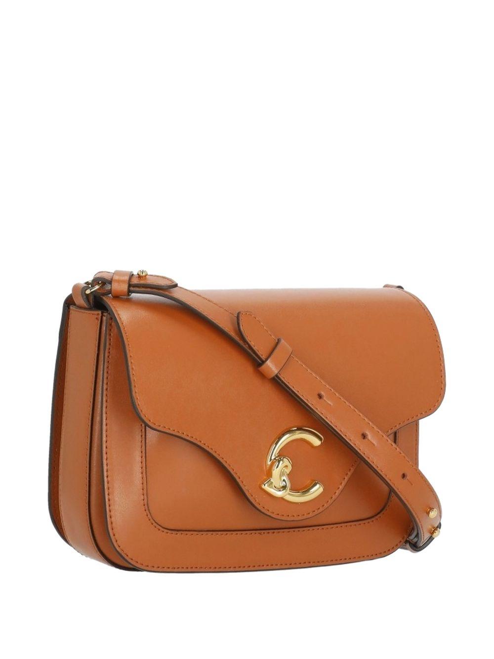 COCCINELLE Borsa a tracolla in pelle marrone con placca logo