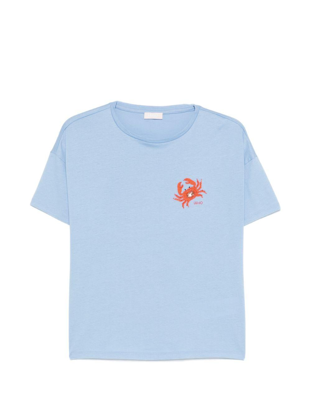 LIUJO T-shirt con granchietto ricamato sul petto celeste