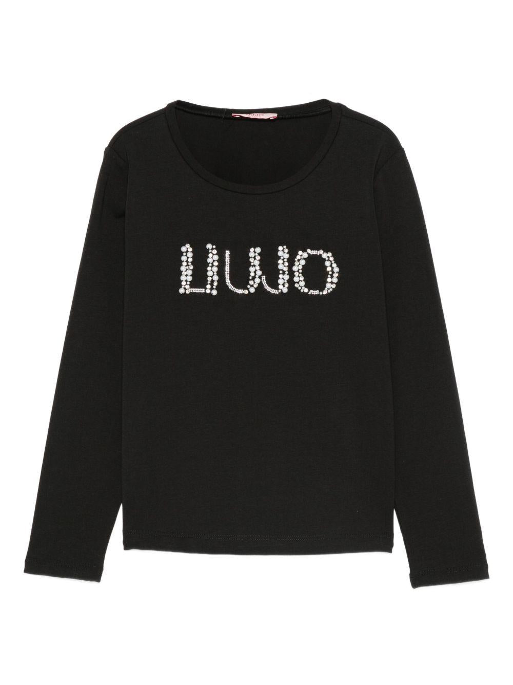 LIUJO T-shirt in cotone nero con logo e strass
