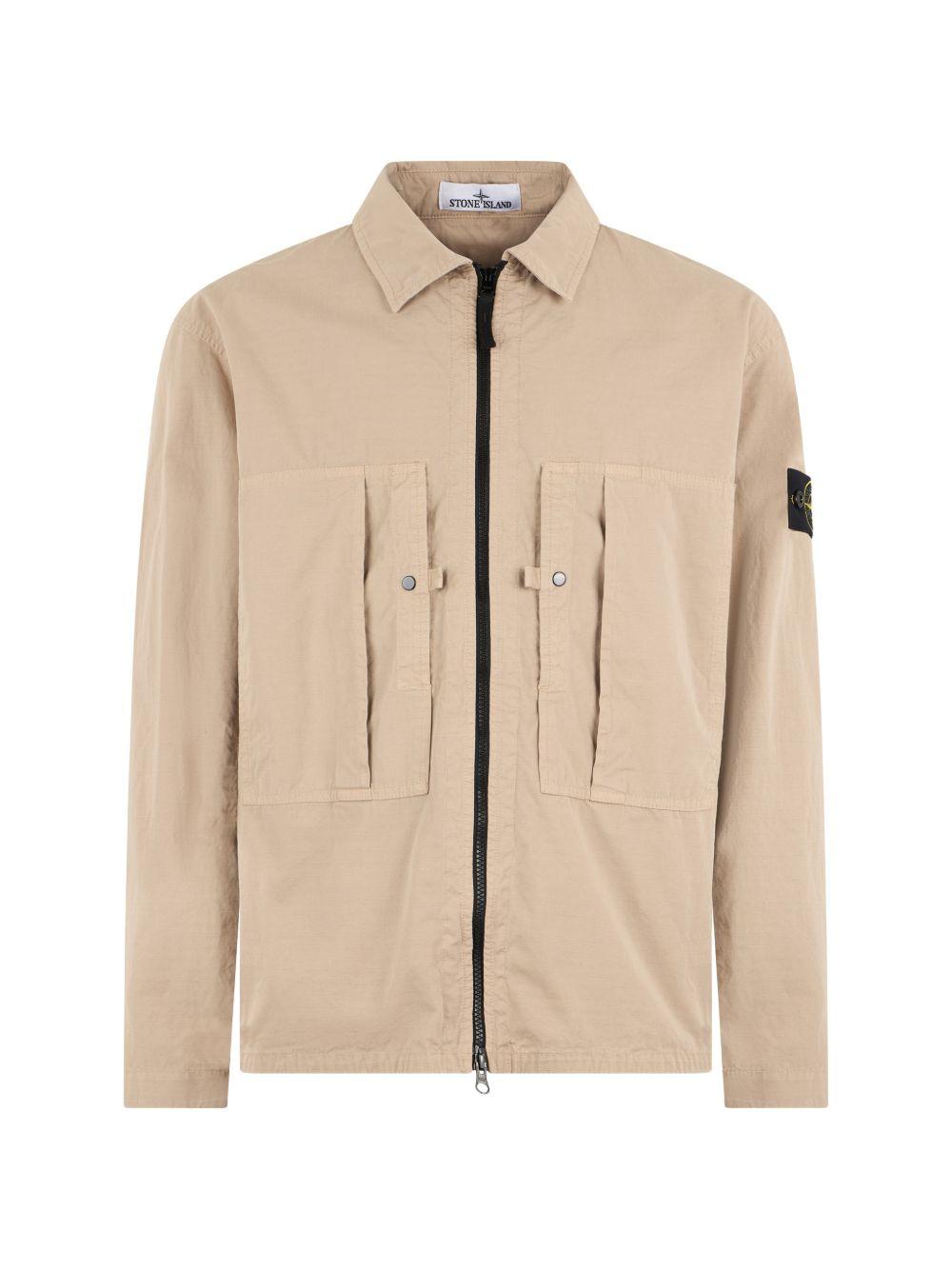 STONE ISLAND Camicia in cotone beige con zip e tasche
