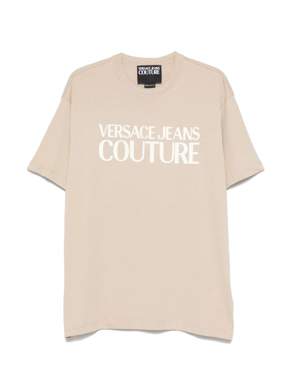 VERSACE JEANS COUTURE T-shirt in cotone a maniche corte beige con stampa