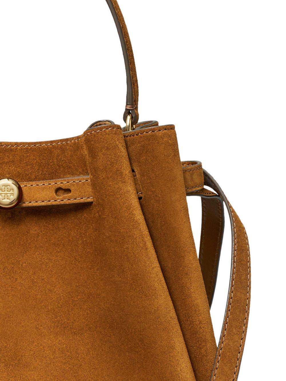 TORY BURCH Borsa a secchiello Romy in suede con tracolla e logo bottone