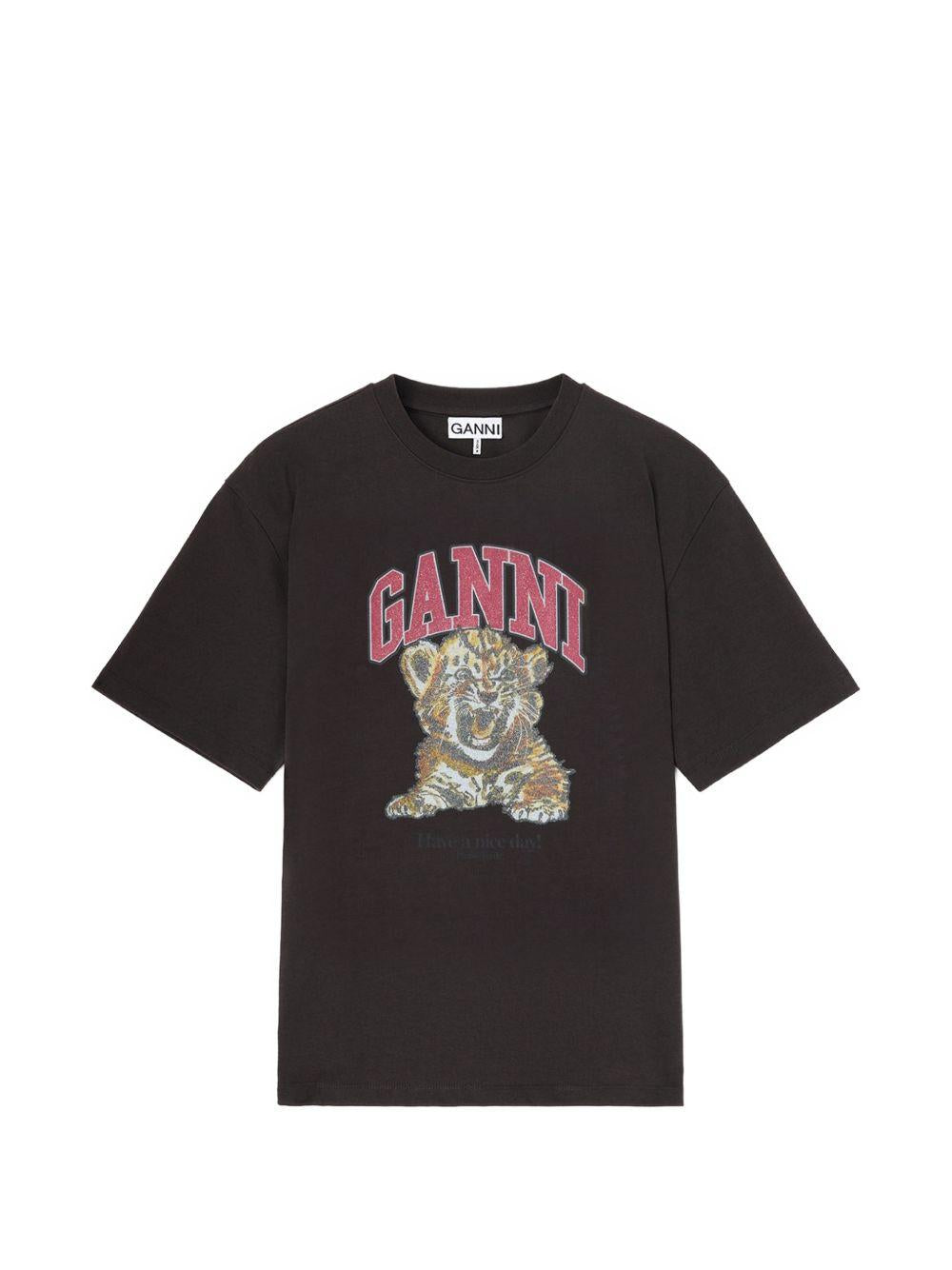 GANNI T-shirt con stampa Tiger e perline in cotone nero