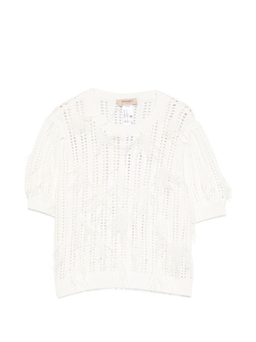 TWINSET Maglia traforata bianca con dettagli in piume
