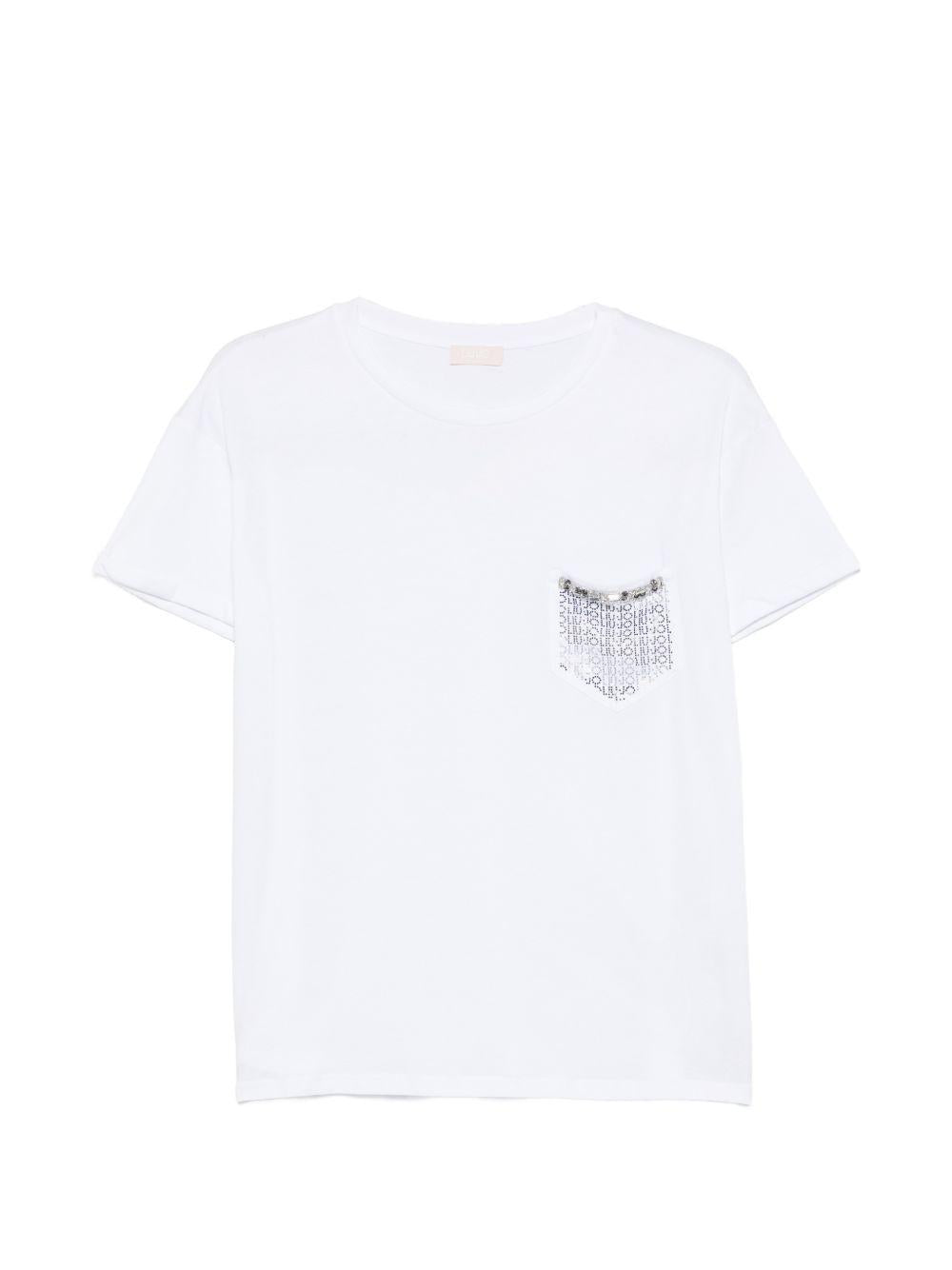 LIUJO T-shirt bianca con trass argentati e logo