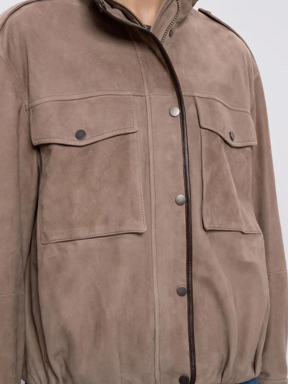 BRUNELLO CUCINELLI Giacca in suede marrone con spalline e tasche