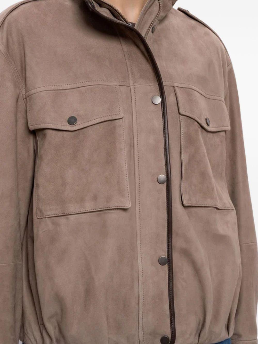 BRUNELLO CUCINELLI Giacca in suede marrone con spalline e tasche