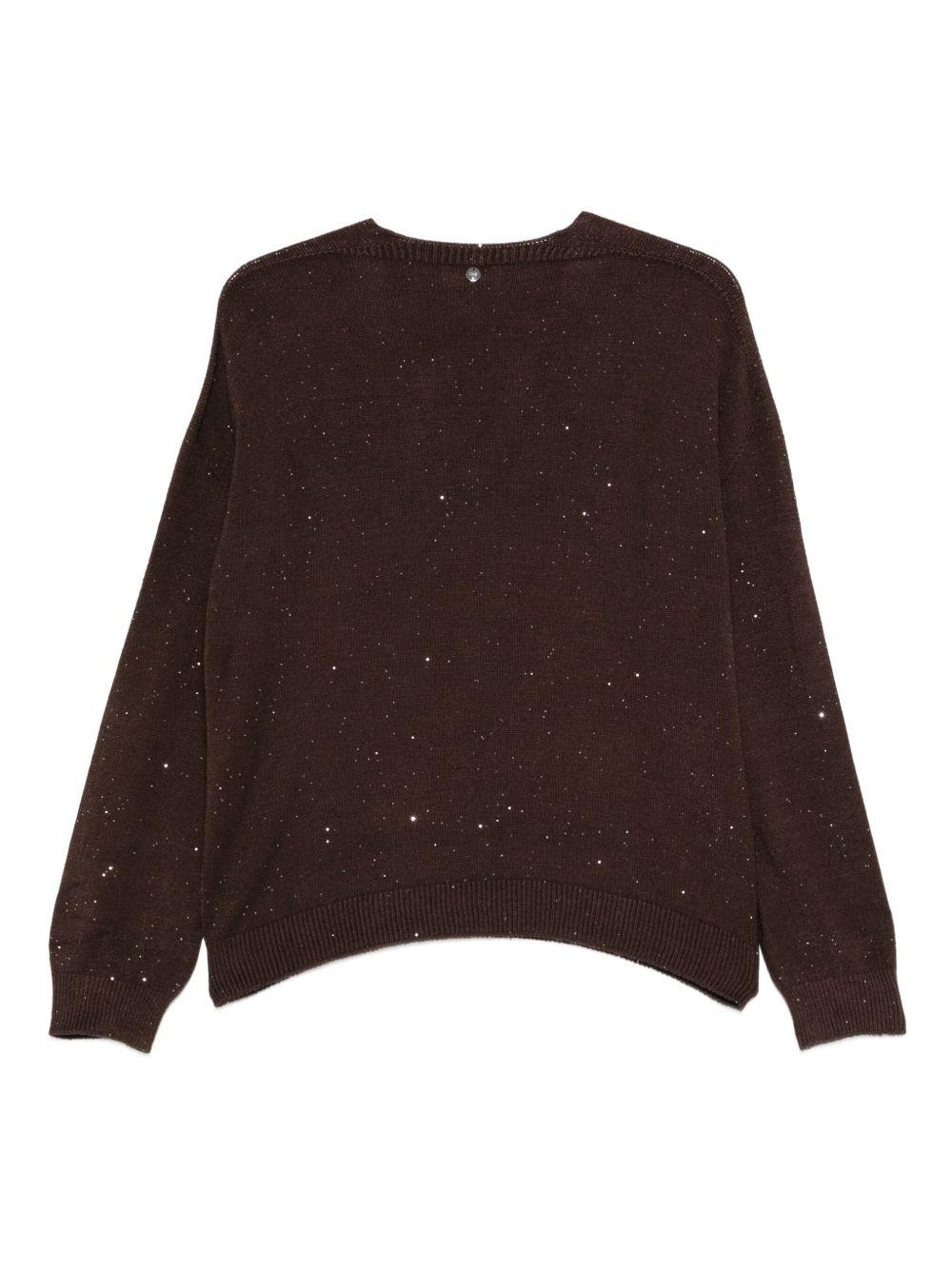 LIUJO Brown V-neck sweater with rhinestones