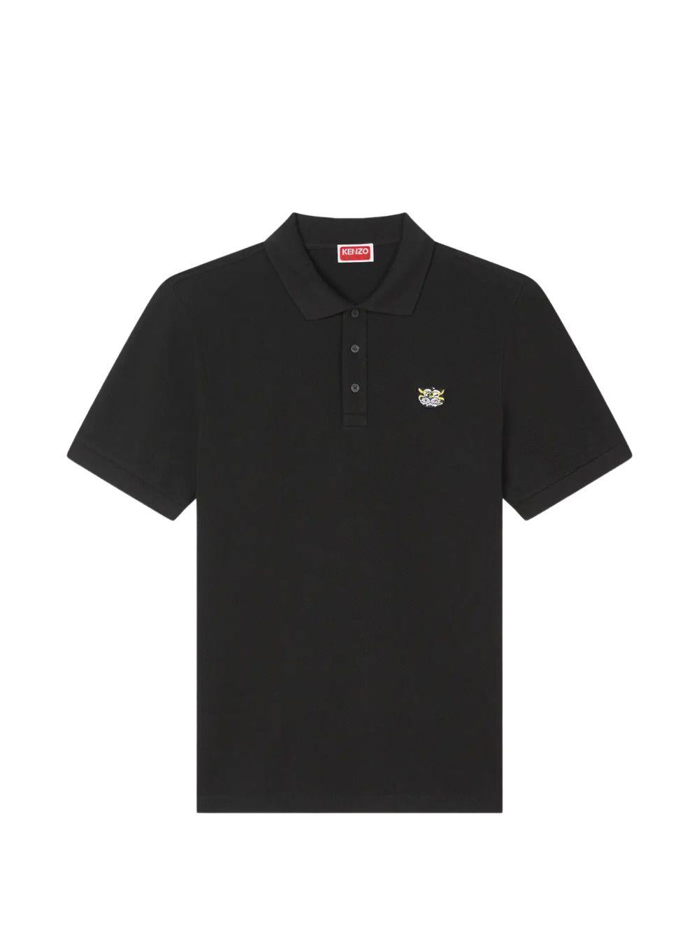 KENZO Polo nera in cotone con logo cucito