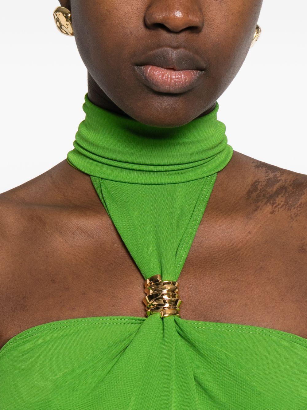 ELISABETTA FRANCHI Body halter verde con collo alto e dettaglio gold-tone