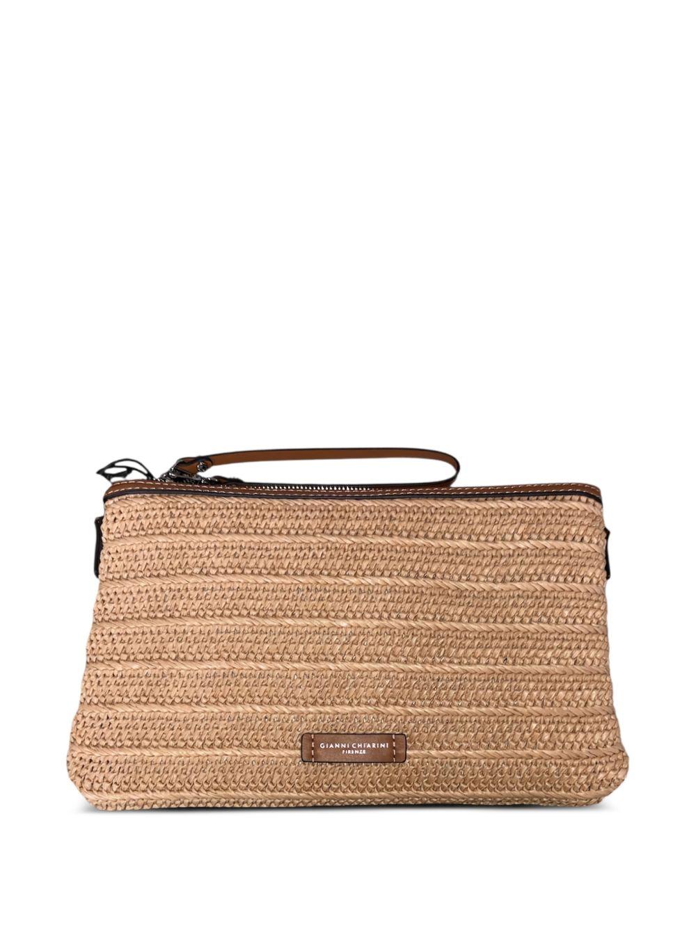 GIANNI CHIARINI Pochette Marcella in rafia e pelle marrone e beige