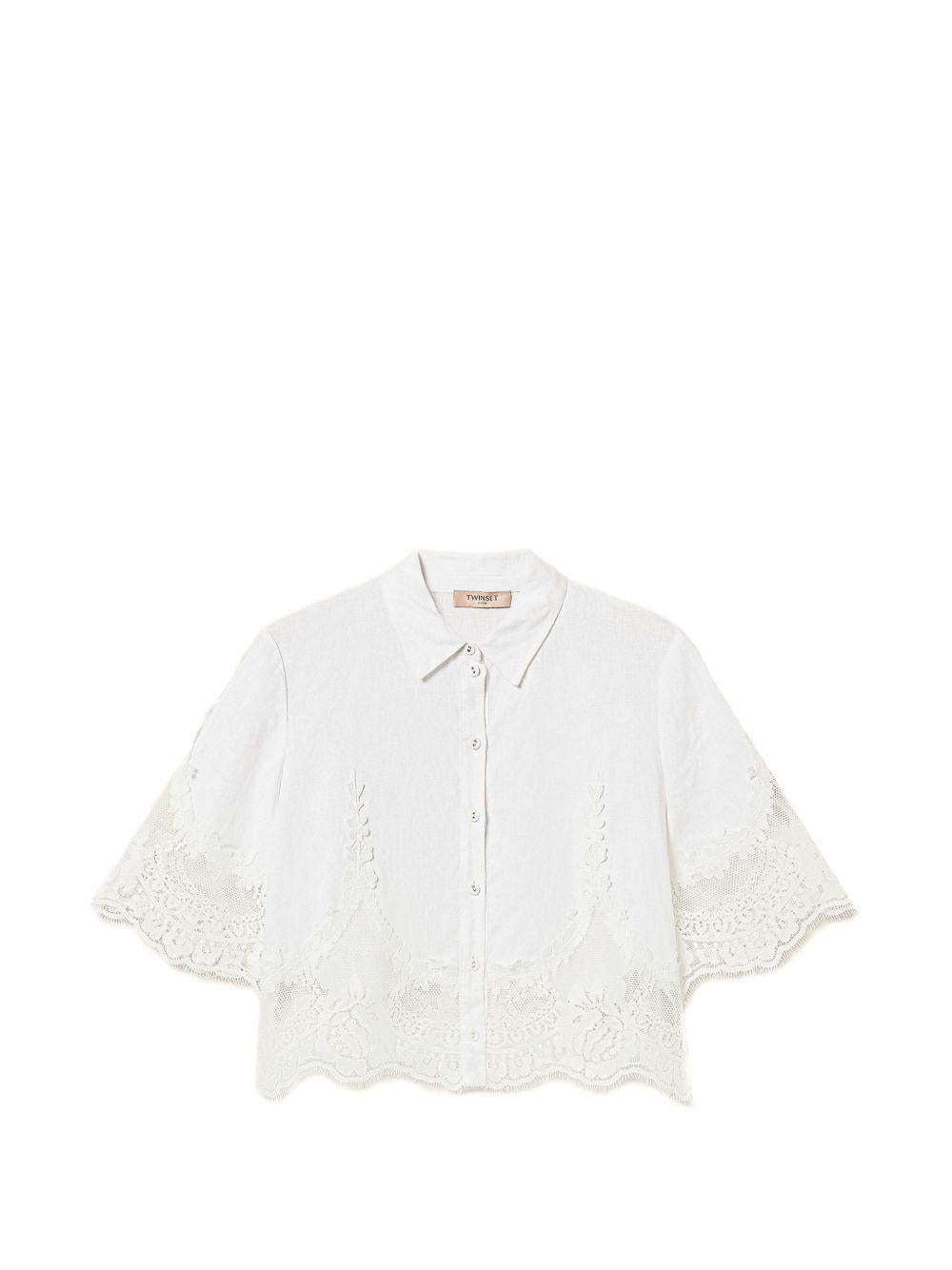 TWINSET Camicia crop in lino bianco con dettagli in pizzo