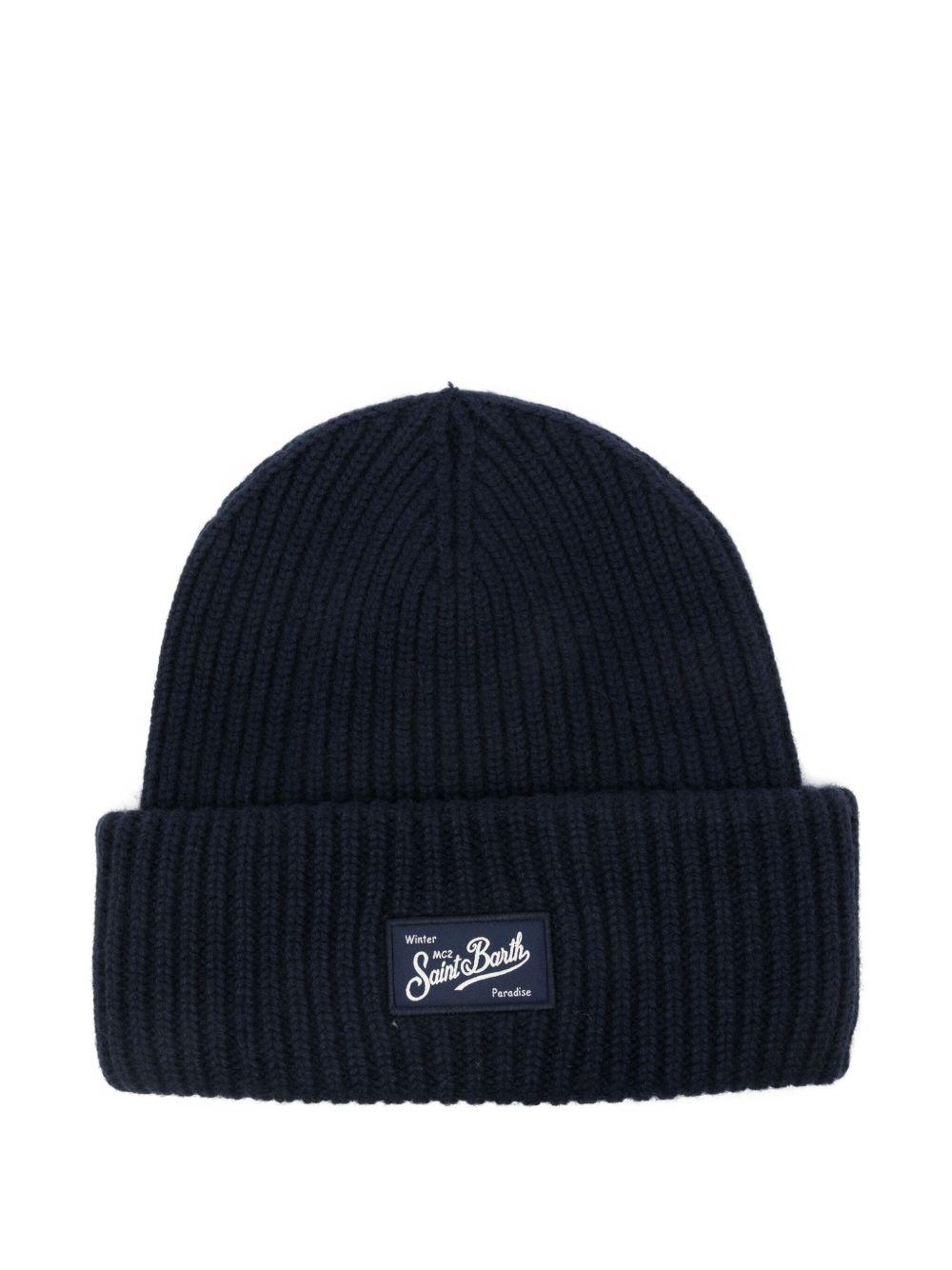 MC2 SAINT BARTH Cappello in lana blu a coste con patch logo