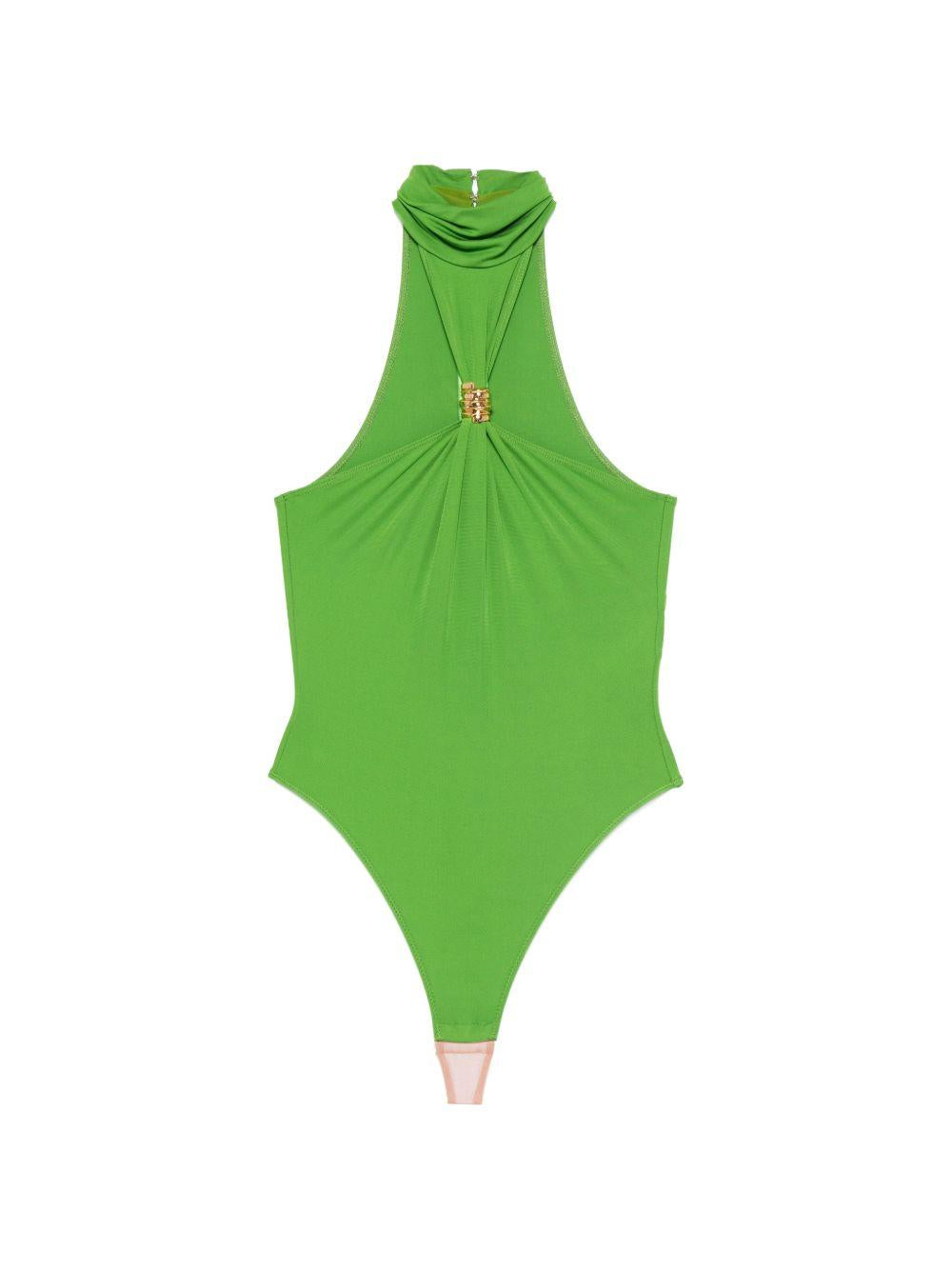 ELISABETTA FRANCHI Body halter verde con collo alto e dettaglio gold-tone