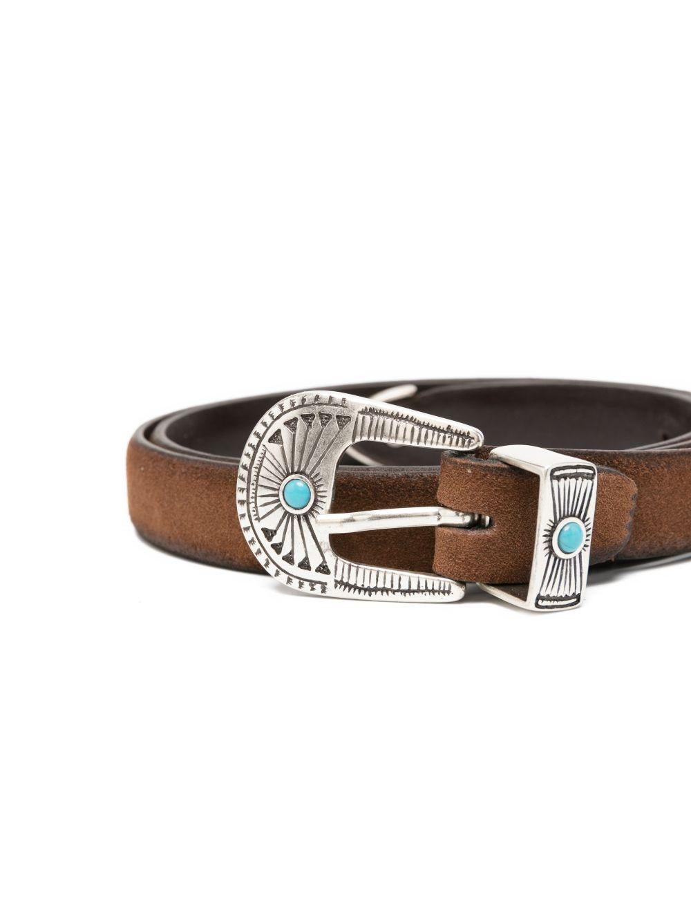 ALBERTO LUTI Cintura in pelle marrone chiara con rifiniture argento e pietra turchese