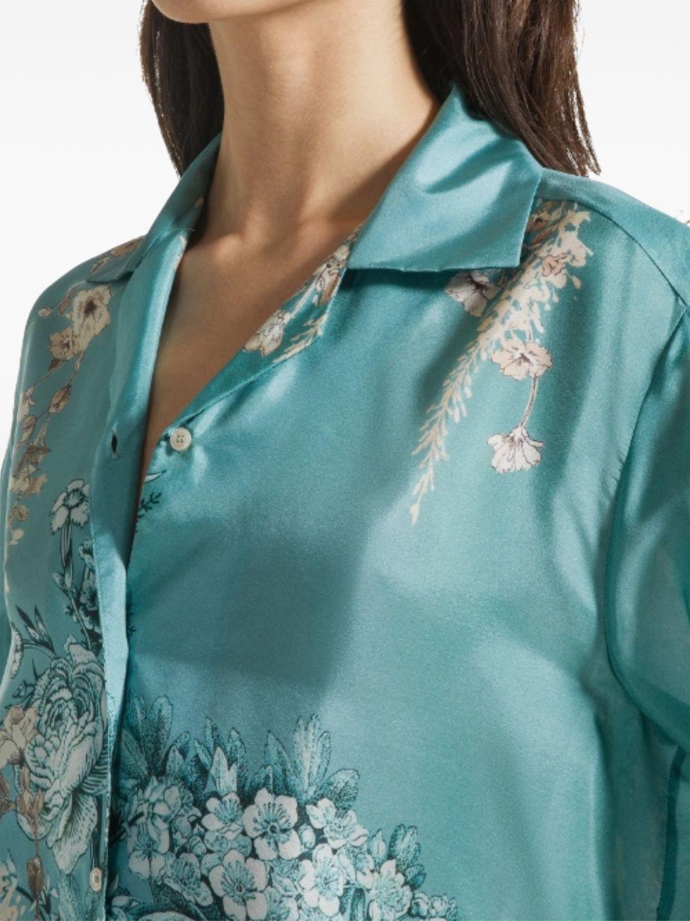 SEVENTY Camicia in seta verde con stampa floreale