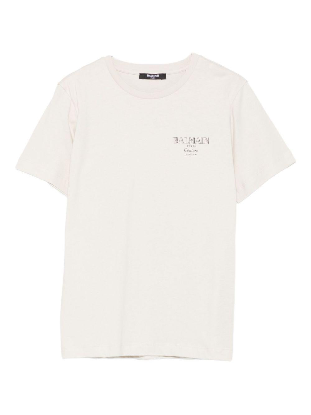 BALMAIN T-shirt in cotone beige con logo<BR/>