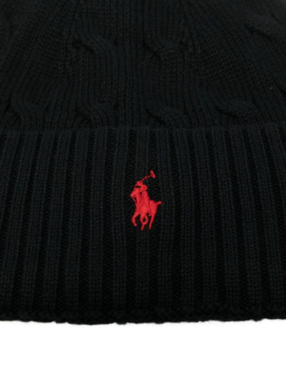 POLO RALPH LAUREN Berretto in cotone nero con logo rosso
