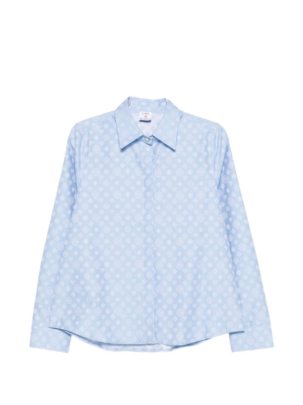 CASABLANCA Camicia svasata in cotone celeste con logo bianco all-over