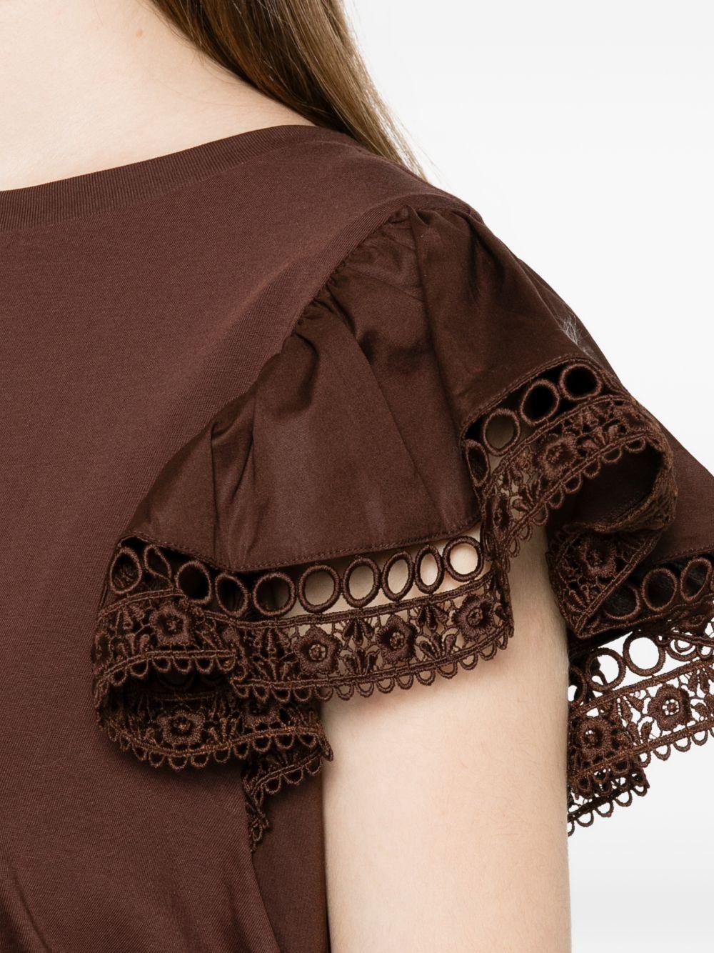 TWINSET T-shirt in cotone marrone con maniche a volant